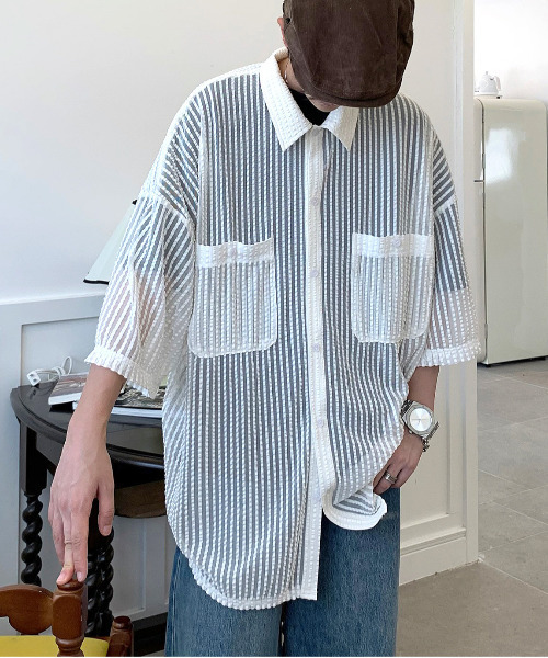 【セール】【neos -addictive design-】ビッグシルエット ダブルポケット シアー メッシュ ストライプ ハーフスリーブ シャツ（シャツ/ブラウス）｜neos（ネオス）