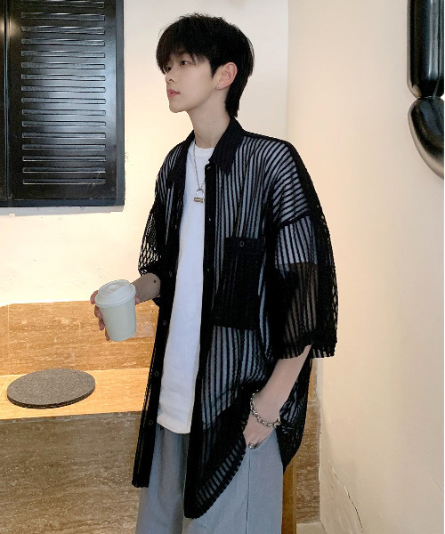 【セール】【neos -addictive design-】ビッグシルエット ダブルポケット シアー メッシュ ストライプ ハーフスリーブ シャツ（シャツ/ブラウス）｜neos（ネオス）
