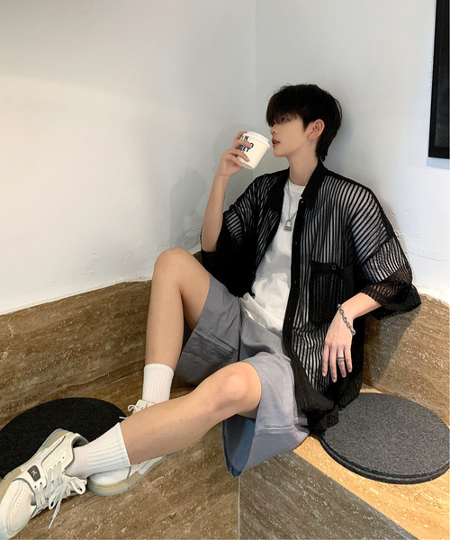 【セール】【neos -addictive design-】ビッグシルエット ダブルポケット シアー メッシュ ストライプ ハーフスリーブ シャツ（シャツ/ブラウス）｜neos（ネオス）