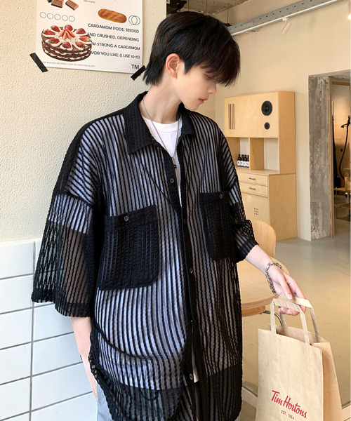 【セール】【neos -addictive design-】ビッグシルエット ダブルポケット シアー メッシュ ストライプ ハーフスリーブ シャツ（シャツ/ブラウス）｜neos（ネオス）