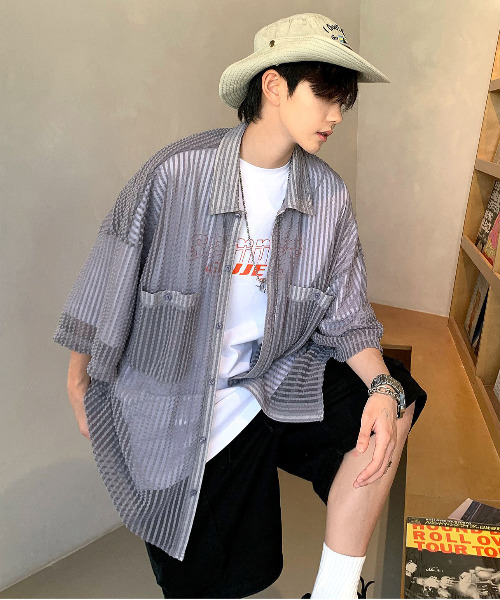 【セール】【neos -addictive design-】ビッグシルエット ダブルポケット シアー メッシュ ストライプ ハーフスリーブ シャツ（シャツ/ブラウス）｜neos（ネオス）