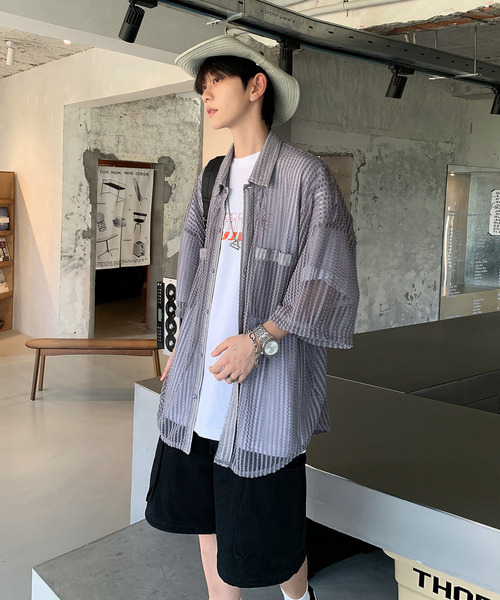 【セール】【neos -addictive design-】ビッグシルエット ダブルポケット シアー メッシュ ストライプ ハーフスリーブ シャツ（シャツ/ブラウス）｜neos（ネオス）