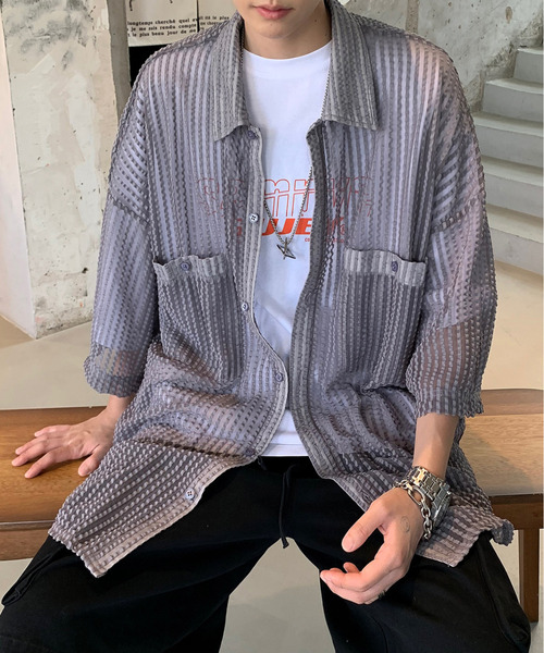 【セール】【neos -addictive design-】ビッグシルエット ダブルポケット シアー メッシュ ストライプ ハーフスリーブ シャツ（シャツ/ブラウス）｜neos（ネオス）