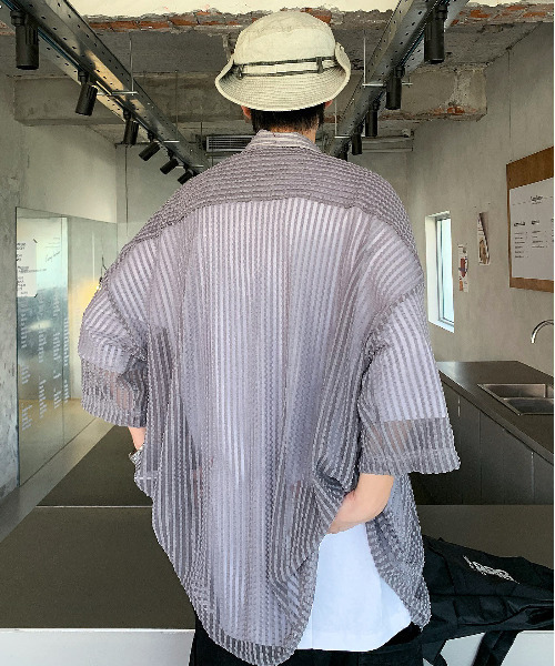 【セール】【neos -addictive design-】ビッグシルエット ダブルポケット シアー メッシュ ストライプ ハーフスリーブ シャツ（シャツ/ブラウス）｜neos（ネオス）