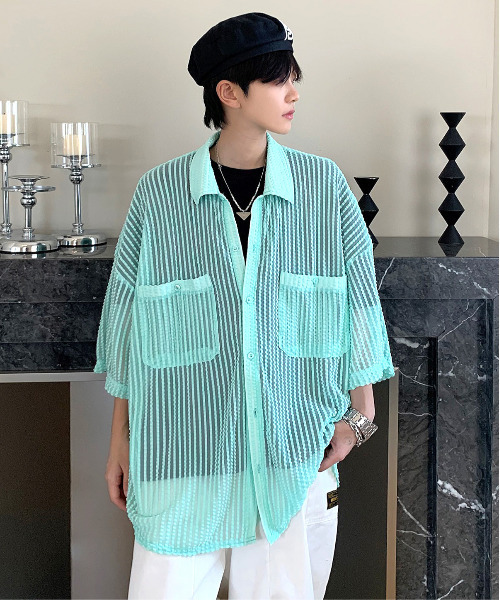 【セール】【neos -addictive design-】ビッグシルエット ダブルポケット シアー メッシュ ストライプ ハーフスリーブ シャツ（シャツ/ブラウス）｜neos（ネオス）