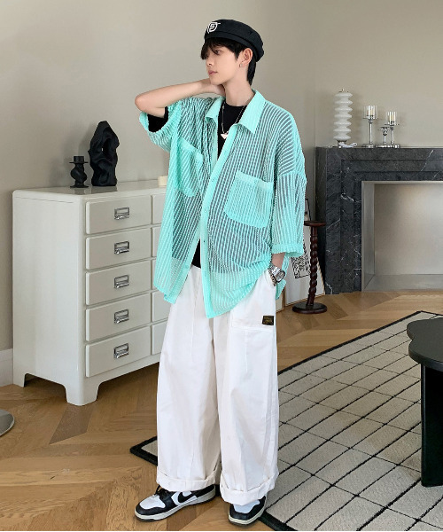 【セール】【neos -addictive design-】ビッグシルエット ダブルポケット シアー メッシュ ストライプ ハーフスリーブ シャツ（シャツ/ブラウス）｜neos（ネオス）