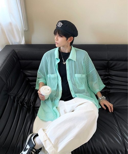 【セール】【neos -addictive design-】ビッグシルエット ダブルポケット シアー メッシュ ストライプ ハーフスリーブ シャツ（シャツ/ブラウス）｜neos（ネオス）