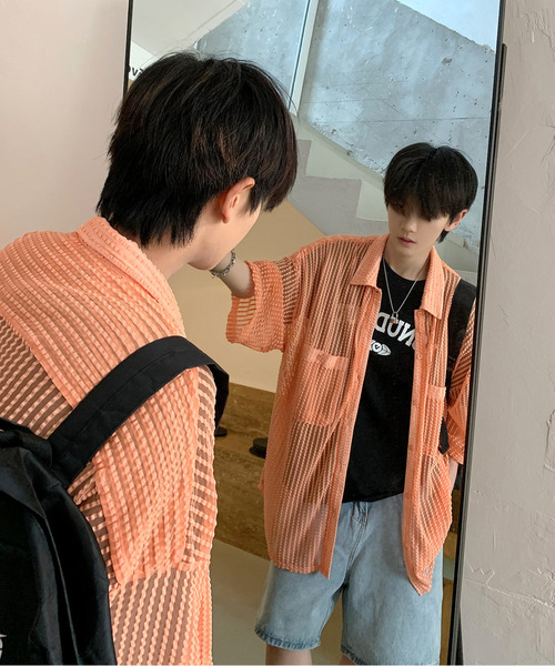 【セール】【neos -addictive design-】ビッグシルエット ダブルポケット シアー メッシュ ストライプ ハーフスリーブ シャツ（シャツ/ブラウス）｜neos（ネオス）