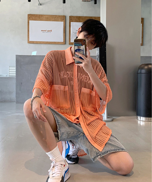 【セール】【neos -addictive design-】ビッグシルエット ダブルポケット シアー メッシュ ストライプ ハーフスリーブ シャツ（シャツ/ブラウス）｜neos（ネオス）