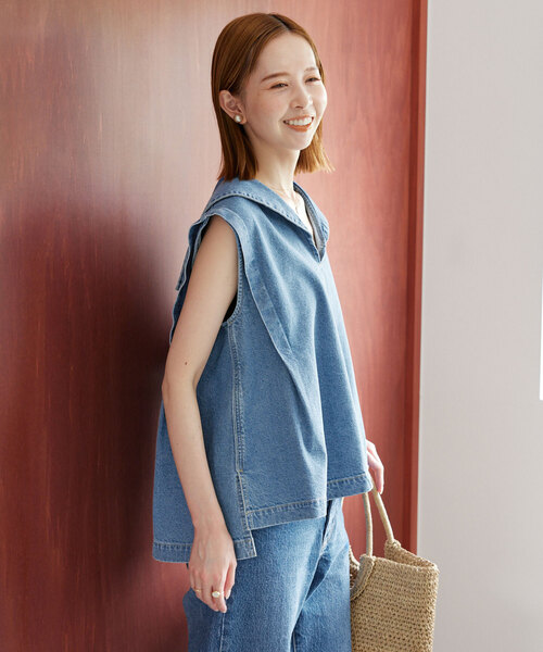 スローブイエナ　24SS LE DENIMライトオンスクロップドシャツ　ブルー系 スローブイエナ 24SS LE DENIMライトオンスクロップドシャツ