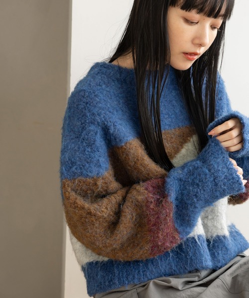 LOWRYS FARM（ローリーズファーム）の「ブークレアソートガラプルオーバーLS  977801（ニット/セーター・レディース・オレンジ/グリーン/パープル/ブラウン・FREE）」の2枚目の写真