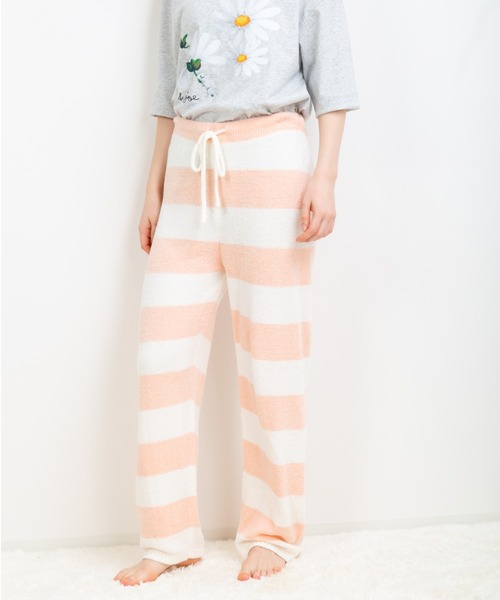 PAUL&JOE（ポールアンドジョー）の「【PAUL&JOE】編立てニット ボーダー ロングパンツ（ルームウェア/パジャマ・レディース・ネイビー/ターコイズブルー/ピンク・M-L）」の2枚目の写真