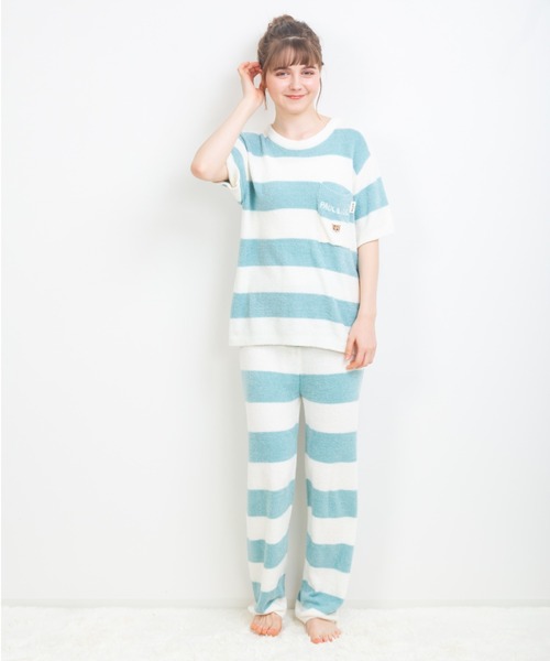 PAUL&JOE（ポールアンドジョー）の「【PAUL&JOE】編立てニット ボーダー ロングパンツ（ルームウェア/パジャマ・レディース・ネイビー/ターコイズブルー/ピンク・M-L）」の4枚目の写真