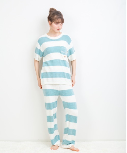 PAUL&JOE（ポールアンドジョー）の「【PAUL&JOE】編立てニット ボーダー ロングパンツ（ルームウェア/パジャマ・レディース・ネイビー/ターコイズブルー/ピンク・M-L）」の5枚目の写真