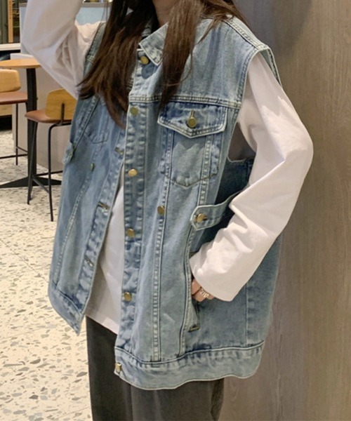 Miniministore（ミニミニストア）の「デニムベスト ジレ 重ね着デニムチョッキ（ベスト・レディース・ブラック/サックスブルー・フリー）」の2枚目の写真