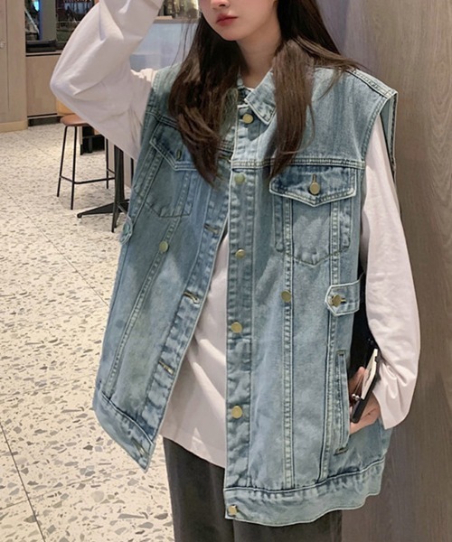Miniministore（ミニミニストア）の「デニムベスト ジレ 重ね着デニムチョッキ（ベスト・レディース・ブラック/サックスブルー・フリー）」の5枚目の写真
