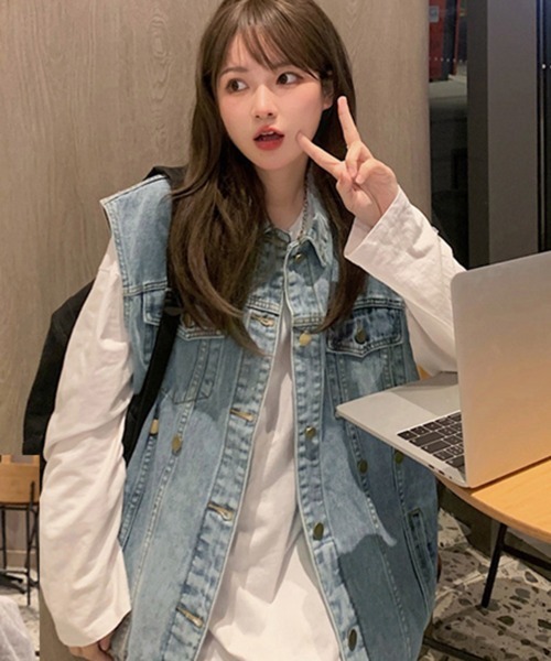 Miniministore（ミニミニストア）の「デニムベスト ジレ 重ね着デニムチョッキ（ベスト・レディース・ブラック/サックスブルー・フリー）」の8枚目の写真