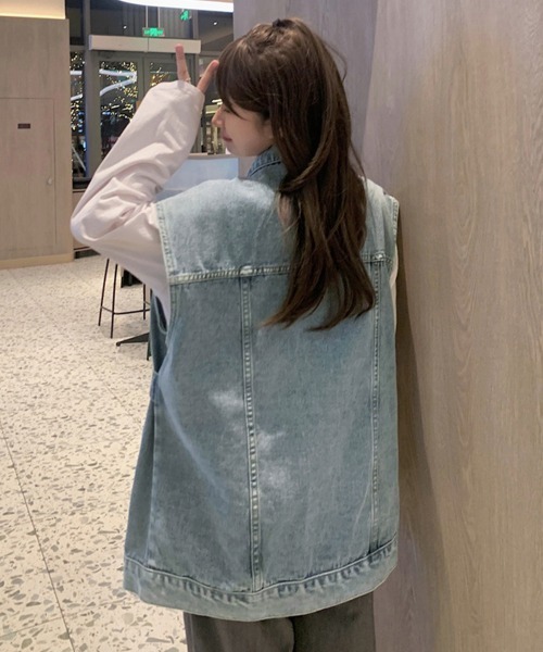 Miniministore（ミニミニストア）の「デニムベスト ジレ 重ね着デニムチョッキ（ベスト・レディース・ブラック/サックスブルー・フリー）」の14枚目の写真