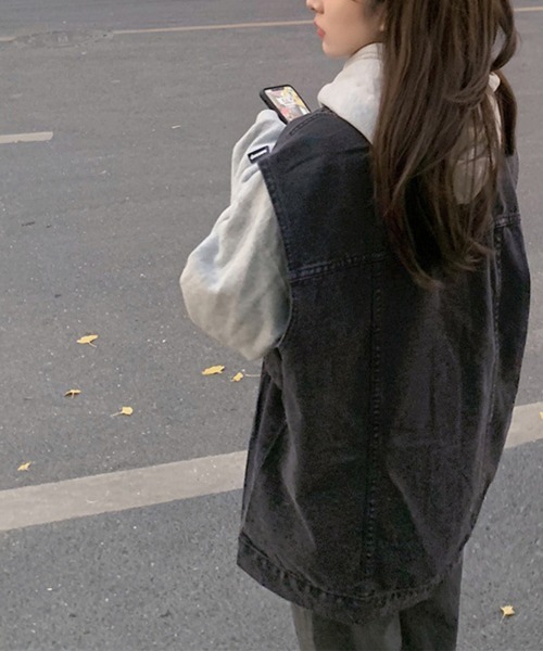 Miniministore（ミニミニストア）の「デニムベスト ジレ 重ね着デニムチョッキ（ベスト・レディース・ブラック/サックスブルー・フリー）」の6枚目の写真