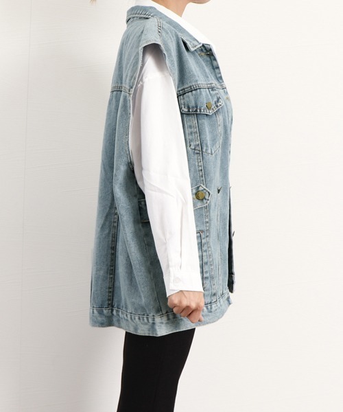 Miniministore（ミニミニストア）の「デニムベスト ジレ 重ね着デニムチョッキ（ベスト・レディース・ブラック/サックスブルー・フリー）」の4枚目の写真