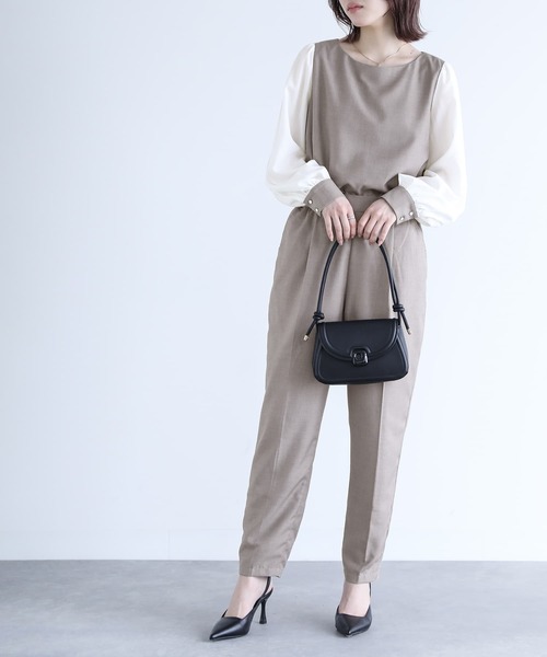 n'OrLABEL（ノアールレーベル）の「【セットアップ2点セット】『異素材ブラウスセットアップ』（パンツドレス・レディース・ブラック/ライトグレー・1/2）」の4枚目の写真
