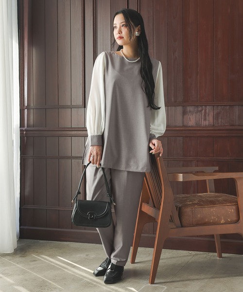 n'OrLABEL（ノアールレーベル）の「【セットアップ2点セット】『異素材ブラウスセットアップ』（パンツドレス・レディース・ブラック/ライトグレー・1/2）」の16枚目の写真