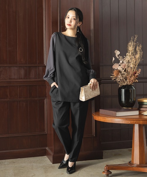 n'OrLABEL（ノアールレーベル）の「【セットアップ2点セット】『異素材ブラウスセットアップ』（パンツドレス・レディース・ブラック/ライトグレー・1/2）」の13枚目の写真