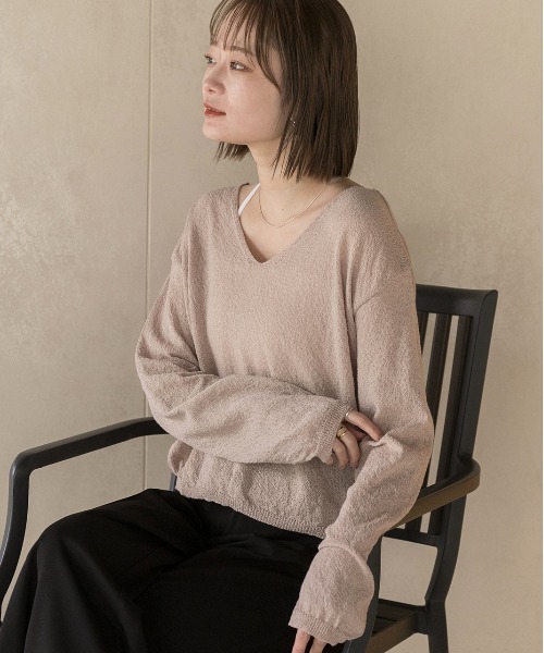 ad thie(アドティエ)の「畦編み・Vネック ショート丈シアープルオーバー(ニット/セーター・レディース・ブラック/ライトブルー/オフホワイト/ライトブラウン・FREE)」の20枚目の写真