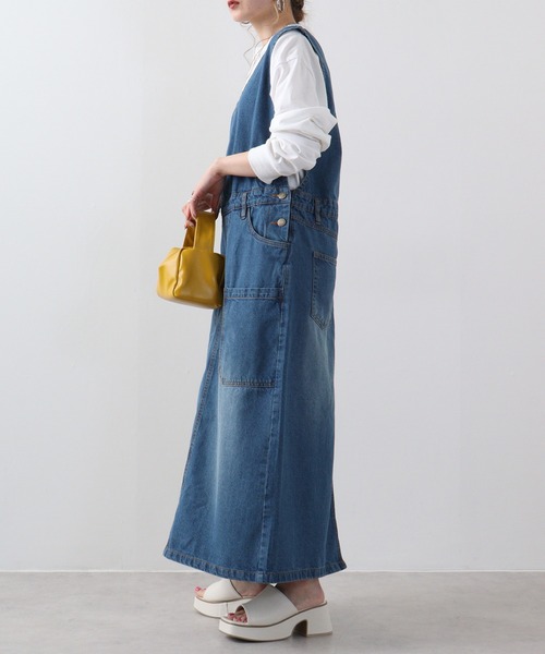 atONE(アットワン)の「atONE カシュクールデニムジャンスカ(ジャンパースカート・レディース・ワンウォッシュ/ブルー/ネイビー・L/3L/4L/LL/M)」の12枚目の写真
