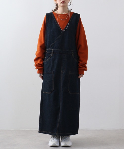 atONE(アットワン)の「atONE カシュクールデニムジャンスカ(ジャンパースカート・レディース・ワンウォッシュ/ブルー/ネイビー・L/3L/4L/LL/M)」の17枚目の写真