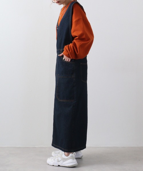 atONE(アットワン)の「atONE カシュクールデニムジャンスカ(ジャンパースカート・レディース・ワンウォッシュ/ブルー/ネイビー・L/3L/4L/LL/M)」の16枚目の写真