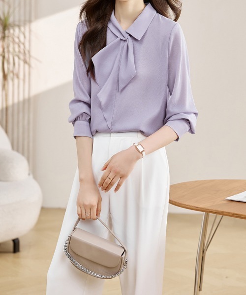 Miniministore(ミニミニストア)の「リボンタイブラウス レディース長袖シャツ(シャツ/ブラウス・レディース・ラベンダー/ホワイト・M/XL/L)」の7枚目の写真