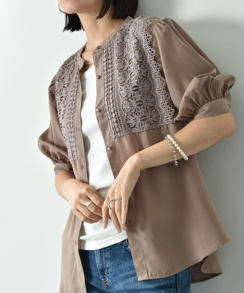 INTERPLANET(インタープラネット)の「デシン*レース5分袖ブラウス(シャツ/ブラウス・レディース・オフホワイト/グレイッシュベージュ/ブラック・FREE)」の12枚目の写真