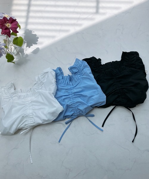 AS KNOW AS plus（アズノゥアズプラス）の「◎シャーリングギャザーちりばめリボン5分袖ブラウス（シャツ/ブラウス・レディース・ブラック/ブルー/オフホワイト・FREE）」の8枚目の写真