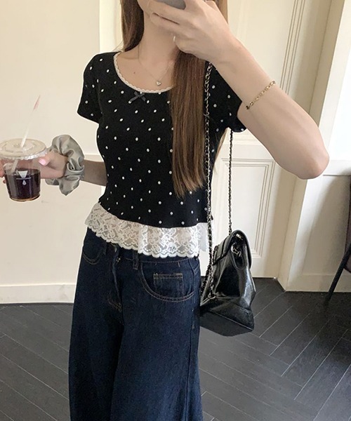 gossip！ロサンゼルス（ゴシップロサンゼルス）の「Y2K リボンドット柄レーストップス（Tシャツ/カットソー・レディース・ブラック・FREE）」の3枚目の写真
