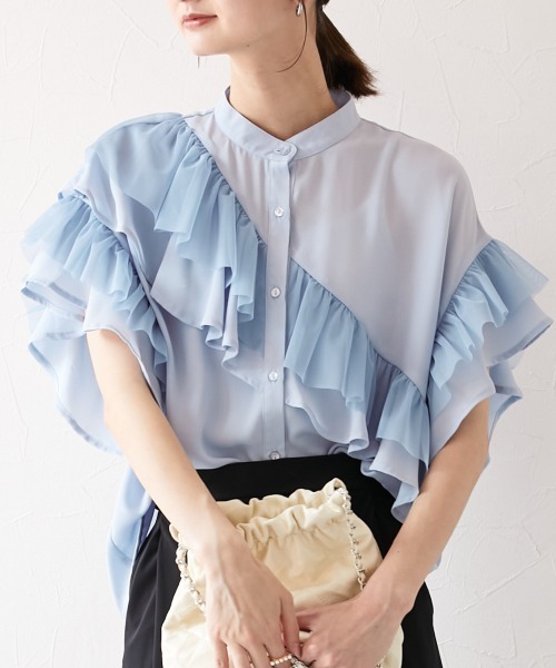nissen（ニッセン）の「ダブルフリルブラウス（シャツ/ブラウス・レディース・サックスブルー/オフホワイト・M）」の2枚目の写真