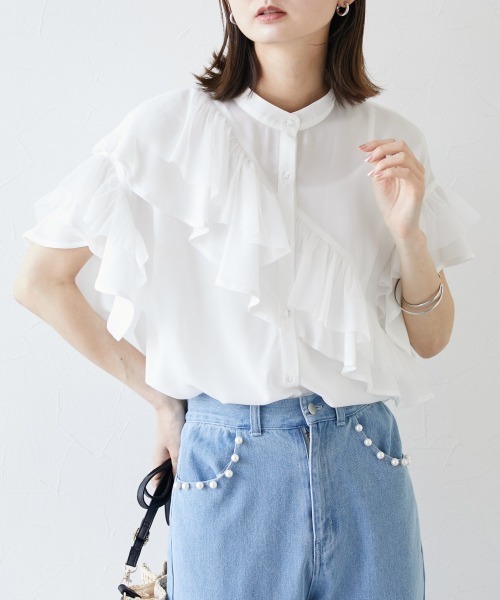 nissen（ニッセン）の「ダブルフリルブラウス（シャツ/ブラウス・レディース・サックスブルー/オフホワイト・M）」の11枚目の写真