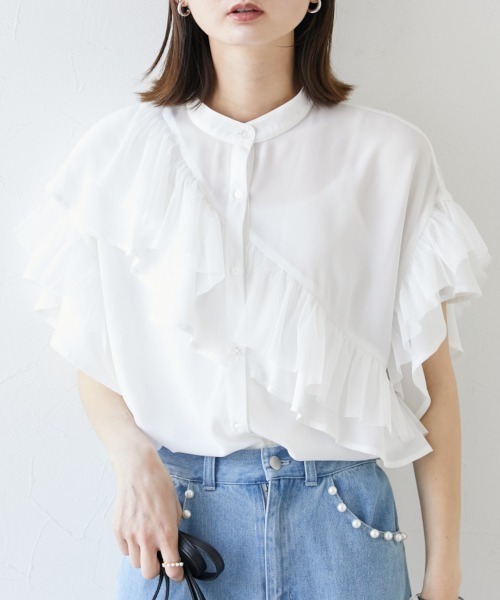 nissen（ニッセン）の「ダブルフリルブラウス（シャツ/ブラウス・レディース・サックスブルー/オフホワイト・M）」の6枚目の写真