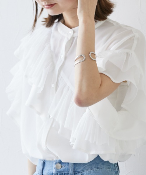 nissen（ニッセン）の「ダブルフリルブラウス（シャツ/ブラウス・レディース・サックスブルー/オフホワイト・M）」の8枚目の写真