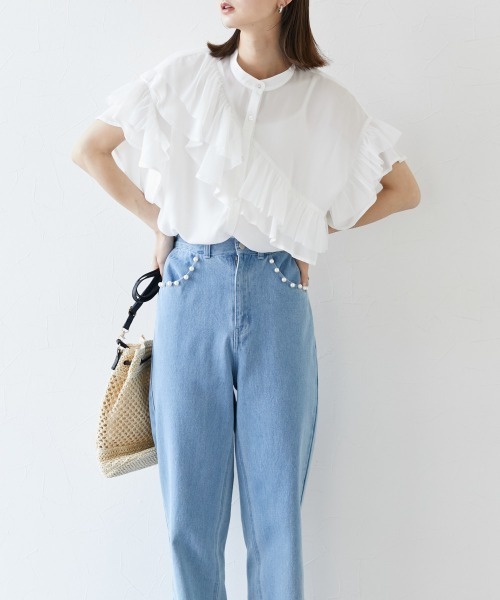 nissen（ニッセン）の「ダブルフリルブラウス（シャツ/ブラウス・レディース・サックスブルー/オフホワイト・M）」の10枚目の写真