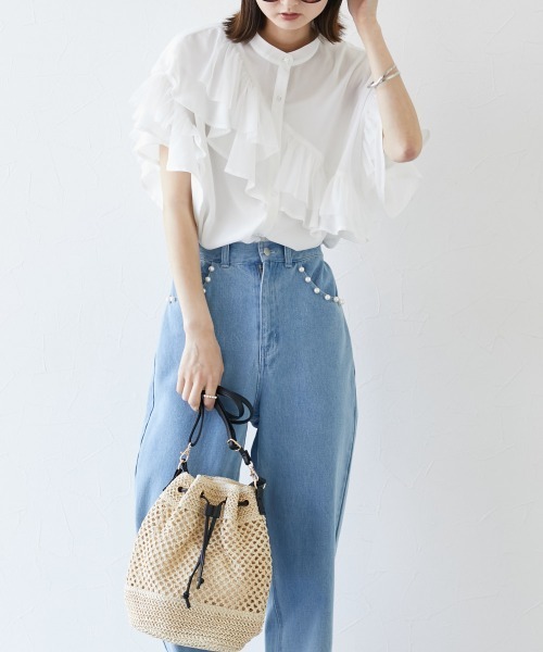 nissen（ニッセン）の「ダブルフリルブラウス（シャツ/ブラウス・レディース・サックスブルー/オフホワイト・M）」の5枚目の写真