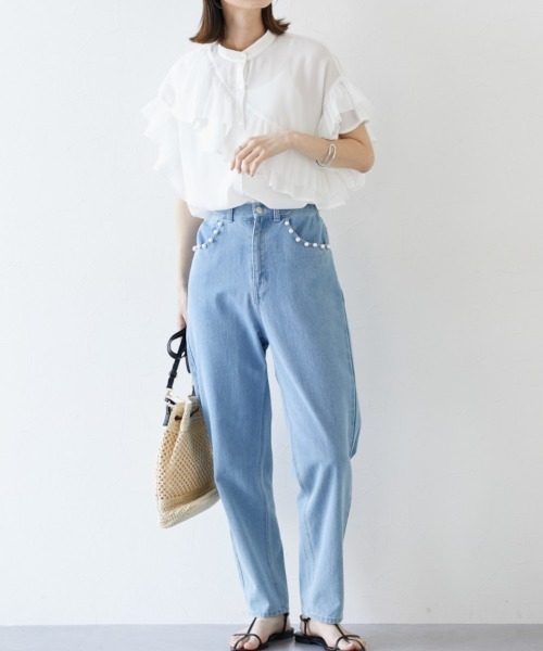 nissen（ニッセン）の「ダブルフリルブラウス（シャツ/ブラウス・レディース・サックスブルー/オフホワイト・M）」の7枚目の写真