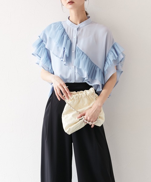 nissen（ニッセン）の「ダブルフリルブラウス（シャツ/ブラウス・レディース・サックスブルー/オフホワイト・M）」の15枚目の写真
