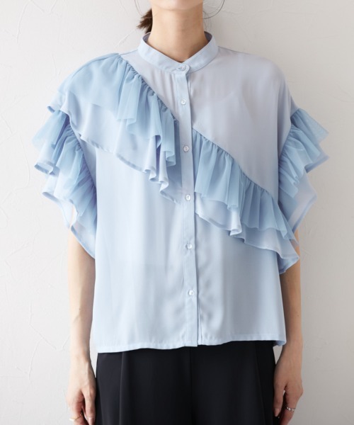 nissen（ニッセン）の「ダブルフリルブラウス（シャツ/ブラウス・レディース・サックスブルー/オフホワイト・M）」の12枚目の写真