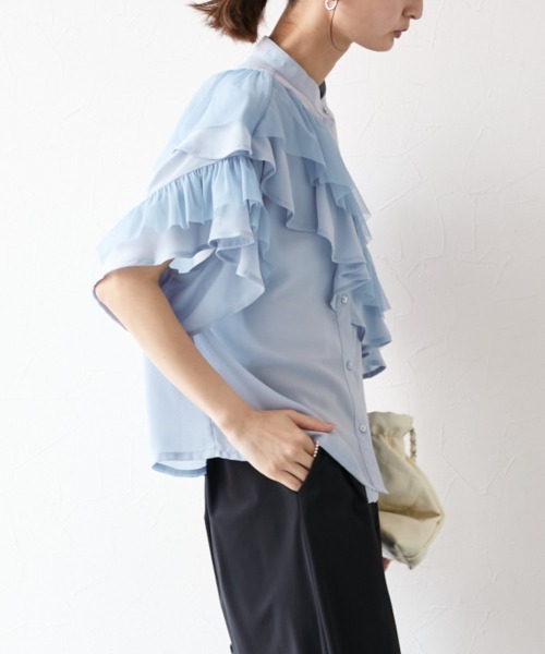 nissen（ニッセン）の「ダブルフリルブラウス（シャツ/ブラウス・レディース・サックスブルー/オフホワイト・M）」の14枚目の写真