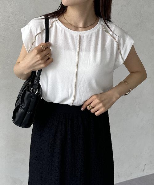 Thevon(ゼボン)の「配色シームシアーフレンチプルオーバー(Tシャツ/カットソー・レディース・ブラック/グレー/ブラウン/オフホワイト・FREE)」の1枚目の写真
