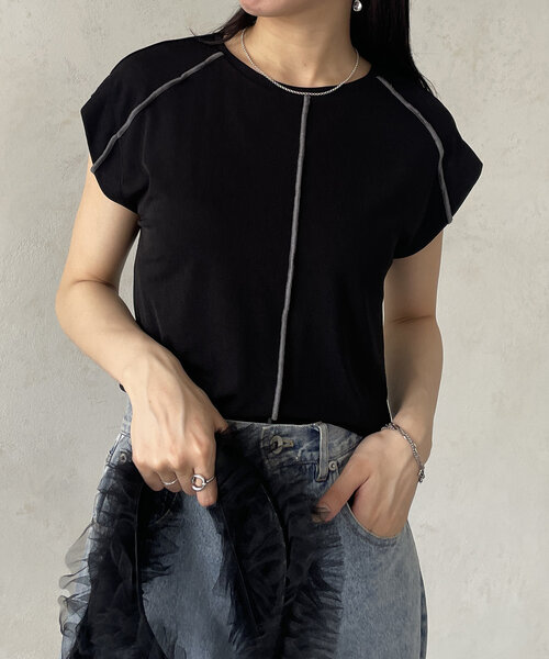 Thevon(ゼボン)の「配色シームシアーフレンチプルオーバー(Tシャツ/カットソー・レディース・ブラック/グレー/ブラウン/オフホワイト・FREE)」の2枚目の写真