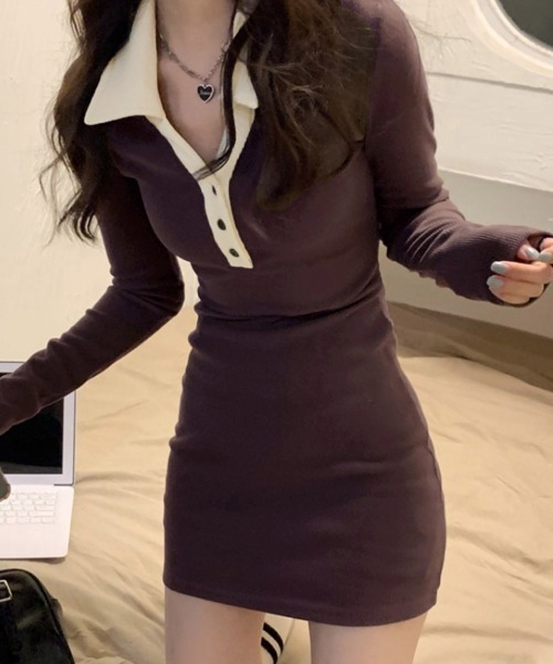 Miniministore(ミニミニストア)の「配色リブポロワンピース レディース(ワンピース・レディース・ブラウン/ブラック・FREE)」の10枚目の写真