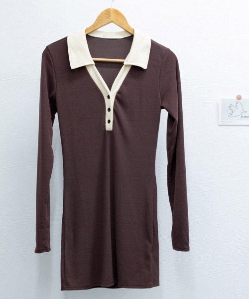 Miniministore(ミニミニストア)の「配色リブポロワンピース レディース(ワンピース・レディース・ブラウン/ブラック・FREE)」の4枚目の写真