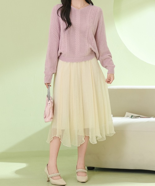 Lace Ladies(レースレディース)の「Vネック 透かし編み バルーン ニット プルオーバー(ニット/セーター・レディース・ピンク/ブラック/アイボリー/グレイッシュベージュ・FREE)」の10枚目の写真